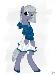 Size: 2448x3264 | Tagged: anthro, artist:marisalle, bipedal, blushing, clothes, cute, derpibooru import, ear piercing, earring, high res, hoodie, jewelry, limabetes, limestone pie, piercing, safe, shoes, skirt, skirt pull, solo, unguligrade anthro