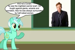 Size: 887x588 | Tagged: chalkboard, conan o'brien, conan the barbarian, derpibooru import, human studies101 with lyra, lyra heartstrings, meme, photo, safe