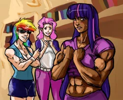 Size: 858x698 | Tagged: artist:first-second, derpibooru import, humanized, muscles, pinkie pie, rainbow dash, rainbuff dash, safe, twilight muscle, twilight sparkle