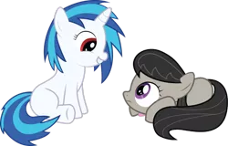 Size: 900x577 | Tagged: safe, derpibooru import, octavia melody, vinyl scratch, earth pony, pony, unicorn, blank flank, bowtie, eye contact, female, filly, foal, frown, grin, hooves, horn, lying down, prone, simple background, sitting, smiling, squee, teeth, transparent background, vector, younger