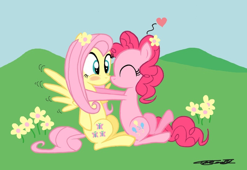 Size: 1330x920 | Tagged: artist:willisninety-six, derpibooru import, eyes closed, female, flower, flutterpie, fluttershy, heart, kissing, lesbian, pinkie pie, safe, shipping, wingboner