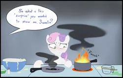 Size: 903x569 | Tagged: artist:dreigun, blushing, bread, breakfast, breakfast is ruined, cooking, dead source, derpibooru import, food, lethal chef, rarity, safe, sweetie belle, sweetie belle can't cook, sweetie fail, toast