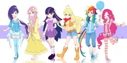 Size: 1280x633 | Tagged: applejack, artist:lilacinum, clothes, converse, derpibooru import, dress, fluttershy, humanized, mane six, pinkie pie, rainbow dash, rarity, safe, shoes, skirt, sneakers, twilight sparkle