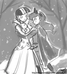 Size: 906x1000 | Tagged: artist:johnjoseco, cape, clothes, derpibooru import, dress, grayscale, human, humanized, military uniform, monochrome, princess luna, safe, snow, sword, twilight sparkle, uniform, waltz, warrior luna, weapon