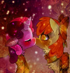 Size: 523x541 | Tagged: safe, artist:chalnsaw, derpibooru import, apple bloom, sweetie belle, earth pony, pony, unicorn, blushing, clothes, female, kissing, lesbian, scarf, shipping, sweetiebloom