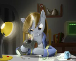 Size: 1280x1024 | Tagged: safe, artist:zikkrat, derpibooru import, oc, oc:littlepip, unofficial characters only, pony, unicorn, fallout equestria, fanfic, book, clothes, computer, fanfic art, female, lamp, magic, maintenance, mare, pipbuck, repairing, solo, vault suit