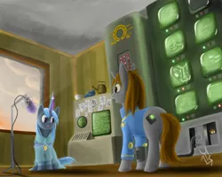 Size: 2000x1600 | Tagged: safe, artist:zikkrat, derpibooru import, oc, oc:homage, oc:littlepip, unofficial characters only, pony, unicorn, fallout equestria, fanfic, clothes, cutie mark, duo, fanfic art, female, glowing horn, magic, mare, microphone, open mouth, paper, pipbuck, recording studio, screen, sitting, standing, vault suit, voice change, voice change spell, wires