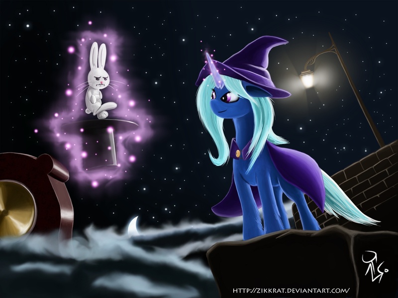 Size: 1600x1200 | Tagged: angel bunny, artist:zikkrat, bunny out of the hat, derpibooru import, glowing horn, hat, magic, magic trick, rabbit, safe, telekinesis, top hat, trixie, trixie's cape, trixie's hat