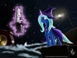 Size: 1600x1200 | Tagged: angel bunny, artist:zikkrat, bunny out of the hat, derpibooru import, glowing horn, hat, magic, magic trick, rabbit, safe, telekinesis, top hat, trixie, trixie's cape, trixie's hat