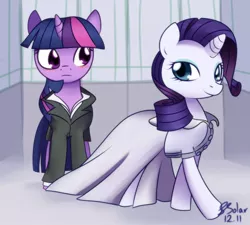 Size: 1000x900 | Tagged: artist:solar-slash, clothes, derpibooru import, dress, rarity, safe, suit, twilight sparkle