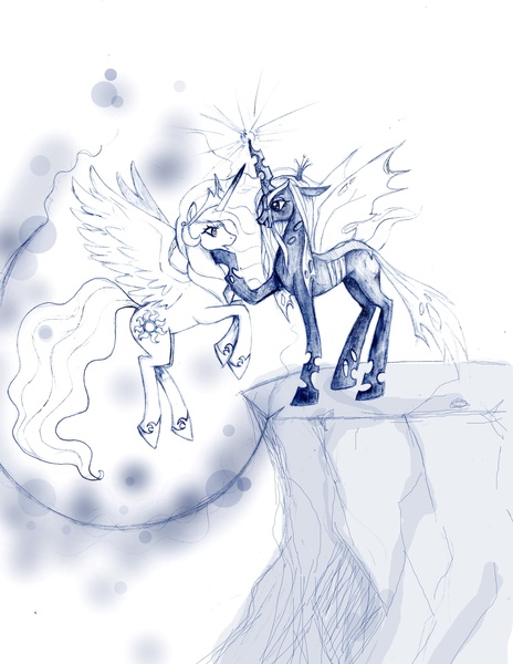 Size: 2549x3299 | Tagged: safe, artist:pearliefangtheiii, derpibooru import, princess celestia, queen chrysalis, alicorn, changeling, changeling queen, pony, cliff, duo, female, flying, high res, hoof on chin, image, jpeg, mare, sketch