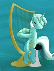Size: 767x1000 | Tagged: abstract background, artist:whatsapokemon, derpibooru import, eyes closed, harp, lyra heartstrings, musical instrument, safe, sitting, smiling, solo, stool