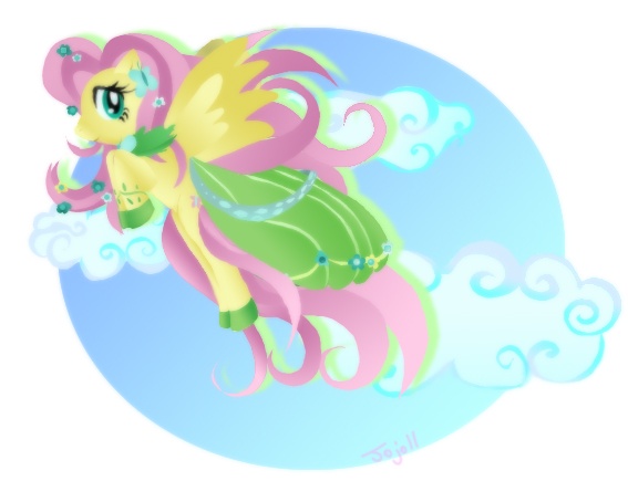 Size: 567x454 | Tagged: artist:kawaii-desudesu, clothes, cloud, cloudy, derpibooru import, dress, fluttershy, gala dress, partial background, safe, solo