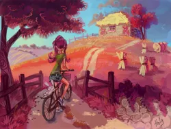 Size: 3448x2586 | Tagged: angel bunny, artist:holivi, bicycle, derpibooru import, fence, fluttershy, hay bale, high res, humanized, safe, tree