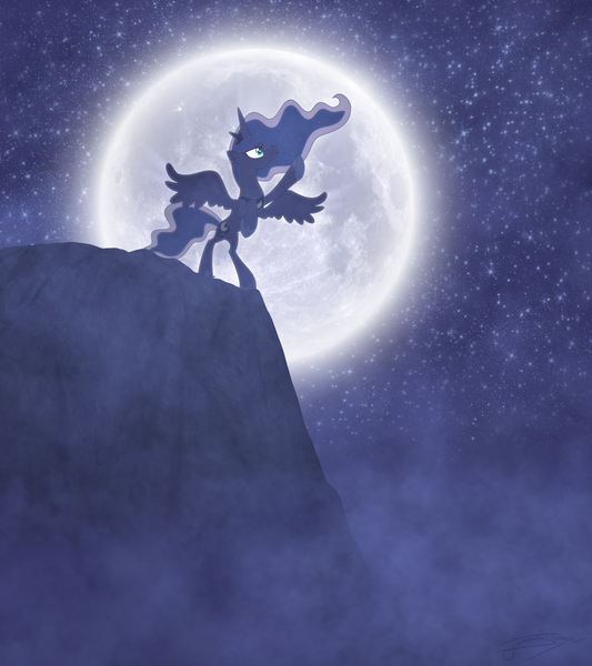 Size: 1920x2160 | Tagged: artist:jamey4, cliff, derpibooru import, moon, night, princess luna, rearing, safe, solo