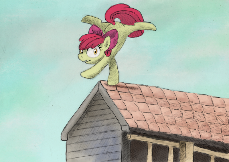 Size: 3481x2461 | Tagged: apple bloom, artist:hewison, balancing, derpibooru import, flexible, high res, roof, safe, solo, this will end in tears