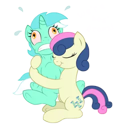 Size: 2648x2856 | Tagged: safe, artist:shadawg, derpibooru import, bon bon, lyra heartstrings, sweetie drops, earth pony, pony, unicorn, female, high res, hug, lesbian, lyrabon, shipping, simple background, squeezing, transparent background