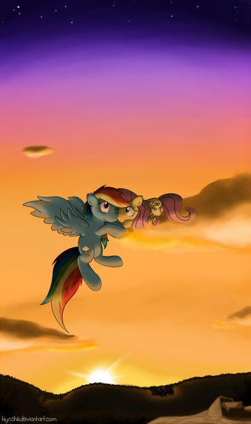 Size: 963x1629 | Tagged: safe, artist:kiyoshiii, derpibooru import, fluttershy, rainbow dash, pegasus, pony, cloud, female, flutterdash, lesbian, lying on a cloud, nuzzling, on a cloud, one eye closed, shipping, sunrise