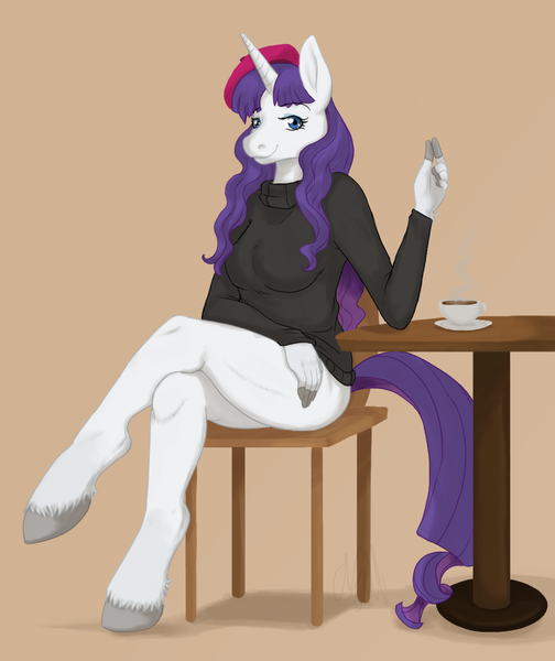 Size: 1097x1305 | Tagged: anthro, artist:cartoonlion, beatnik rarity, beret, bottomless, breasts, clothes, coffee, derpibooru import, female, finger hooves, hat, hooves, questionable, rarity, solo, solo female, sweater, unguligrade anthro, unshorn fetlocks