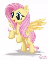 Size: 825x1032 | Tagged: safe, artist:mysticalpha, derpibooru import, fluttershy, pegasus, pony, female, mare, open mouth, rearing, simple background, smiling, solo, spread wings, three quarter view, white background, wings