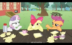 Size: 960x600 | Tagged: apple bloom, bored, cutie mark crusaders, derpibooru import, pondering, ponyville confidential, safe, scootaloo, screencap, sweetie belle, thinking bloom, youtube caption