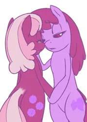 Size: 500x700 | Tagged: suggestive, artist:florecentmoo, derpibooru import, berry punch, berryshine, cheerilee, earth pony, pony, berrilee, bipedal, female, imminent kissing, lesbian, shipping