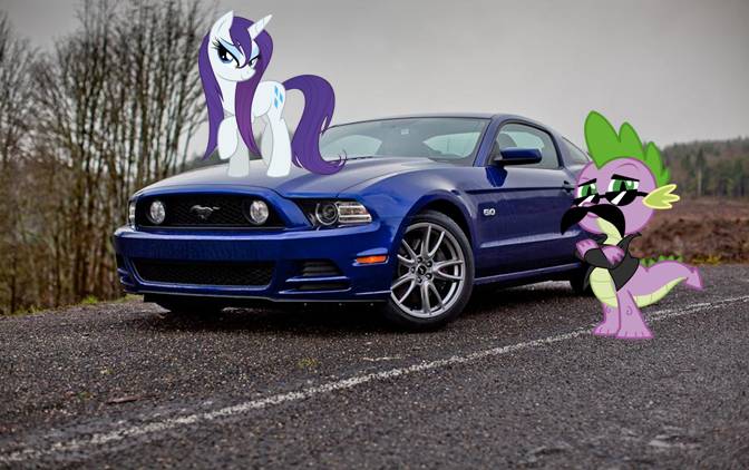 Size: 672x422 | Tagged: safe, artist:dontae98, derpibooru import, rarity, spike, pony, car, ford, ford mustang, irl, moustache, mustang, photo, ponies in real life, swag, wet, wet mane, wet mane rarity