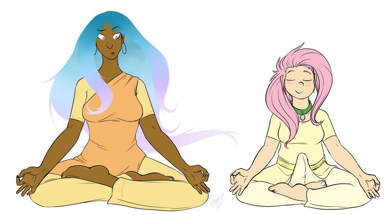 Size: 1251x688 | Tagged: artist:cartoonlion, barefoot, blushing, breasts, crotch bulge, dark skin, derpibooru import, erection, eyes closed, feet, fluttershy, frown, futa, futa fluttershy, humanized, intersex, meditation, oc, oc:futashy, princess celestia, questionable, raised eyebrow, sitting, smiling, wide eyes