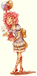 Size: 660x1346 | Tagged: artist:steeve, balloon, cake, clothes, derpibooru import, dress, food, heart, humanized, pinkie pie, safe, skinny, traditional art