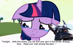 Size: 699x436 | Tagged: crossover, derpibooru import, edit, edited screencap, fan fic fuel, floppy ears, kamen rider, kamen rider fourze, psyga's alternate pony scenes, safe, scorpio zodiarts, screencap, teary eyes, twilight sparkle, winter wrap up