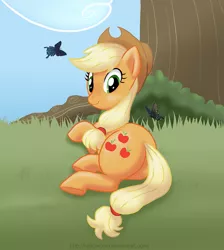 Size: 915x1020 | Tagged: safe, artist:hollowzero, derpibooru import, applejack, butterfly, earth pony, pony, bush, butt, female, grass, looking at you, looking back, looking back at you, mare, plot, prone, smiling, tree