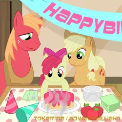 Size: 1500x1500 | Tagged: safe, artist:tokeitime, derpibooru import, apple bloom, applejack, big macintosh, earth pony, pony, apple siblings, birthday, cake, male, stallion