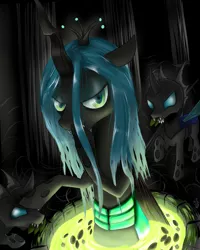 Size: 2000x2500 | Tagged: safe, artist:mlpanon, derpibooru import, queen chrysalis, changeling, changeling queen, bath, fangs, female, frown, high res, hoof over mouth, image, leaves, lidded eyes, looking at you, petting, png, signature, slit eyes