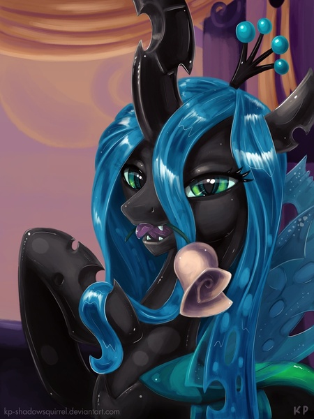 Size: 900x1200 | Tagged: safe, artist:kp-shadowsquirrel, derpibooru import, queen chrysalis, changeling, changeling queen, beautiful, deviantart link, fangs, female, flower in mouth, image, jpeg, mouth hold, open mouth, raised hoof, rose, rose in mouth, signature, slit eyes, smiling, solo, standing, tongue out, wings