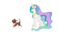 Size: 919x501 | Tagged: alicorn, crown, derpibooru import, dog, hoof shoes, jewelry, peytral, princess celestia, princess molestia, raised tail, regalia, safe, simple background, smiling, tail, white background, winona