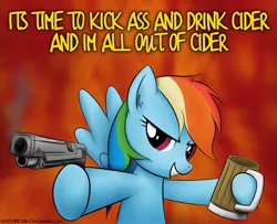 Size: 720x585 | Tagged: safe, artist:xhazard78x, derpibooru import, rainbow dash, pegasus, pony, abstract background, bipedal, cider, crossover, cup, duke nukem, female, gun, handgun, mare, pistol, signature, solo, swearing, text, they live, vulgar, weapon