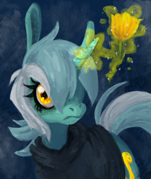 Size: 800x950 | Tagged: artist:divinisity, clothes, derpibooru import, fanfic:background pony, flower, hoodie, lyra heartstrings, ponies wearing black, safe, solo, tulip