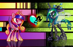 Size: 5040x3285 | Tagged: dead source, safe, artist:yuji8sushi, derpibooru import, princess cadance, queen chrysalis, alicorn, changeling, changeling queen, pony, abstract background, female, frown, heart, image, jpeg, looking at each other, mare, reflection, signature, slit eyes, standing