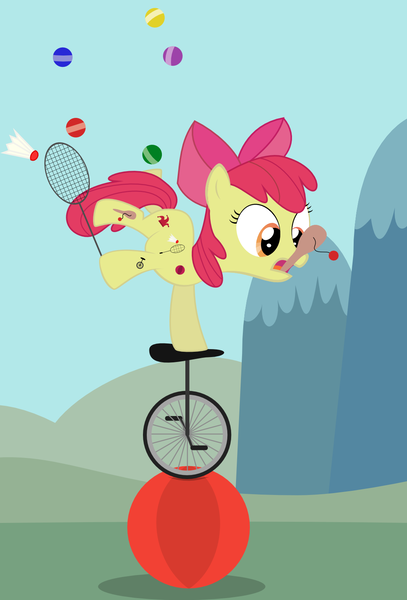 Size: 1076x1588 | Tagged: apple bloom, artist:felixabsolved, badminton, ball, cutie pox, derpibooru import, juggling, paddleball, safe, unicycle