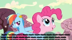 Size: 638x354 | Tagged: caption, cherry orchard, derpibooru import, edit, edited screencap, funny words, nipples, pinkie pie, rainbow dash, safe, screencap, the last roundup