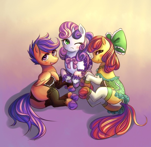 Size: 1080x1050 | Tagged: questionable, artist:ninjaham, derpibooru import, apple bloom, scootaloo, sweetie belle, earth pony, pegasus, pony, unicorn, bow, clothes, cutie mark crusaders, female, filly, foalcon, hair bow, lingerie, one eye closed, panties, smiling, underwear, wink