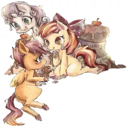 Size: 511x511 | Tagged: source needed, safe, artist:pastel-bunny, artist:usagi, derpibooru import, apple bloom, scootaloo, sweetie belle, earth pony, pegasus, pony, unicorn, :p, bow, cake, cutie mark crusaders, female, filly, food, hair bow, ice cream, simple background, tongue out, trio, unshorn fetlocks, white background