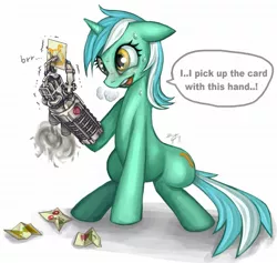 Size: 1725x1638 | Tagged: artist:pmo0908, card, derpibooru import, hand, lyra heartstrings, mechanical hands, prosthetics, safe, solo, sweat, what has science done