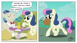 Size: 765x432 | Tagged: artist:jeffmartinez, bon bon, comic, derpibooru import, eating, feed bag, food, horses doing horse things, safe, savoir fare, sweetie drops, table, waiter