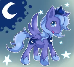 Size: 851x770 | Tagged: safe, artist:cheerubi, derpibooru import, princess luna, alicorn, pony, crescent moon, cutie mark, female, horn, jewelry, moon, regalia, s1 luna, smiling, solo, spread wings, stars, wings