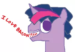 Size: 350x245 | Tagged: safe, derpibooru import, twilight sparkle, pony, unicorn, bacon, bust, dialogue, dusk shine, looking back, open mouth, portrait, rule 63, simple background, smiling, solo, white background