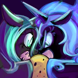 Size: 1000x1000 | Tagged: safe, artist:ryuredwings, derpibooru import, nightmare moon, queen chrysalis, alicorn, changeling, changeling queen, nymph, pony, confrontation, cookie, fangs, female, filly, frown, image, insult, looking at each other, missing teeth, nightmare woon, open mouth, png, signature, slit eyes, younger