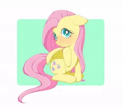 Size: 664x594 | Tagged: safe, artist:moyori, derpibooru import, fluttershy, pegasus, pony, blushing, female, floppy ears, looking at you, mare, one wing out, raised hoof, sitting, smiling, solo, wings