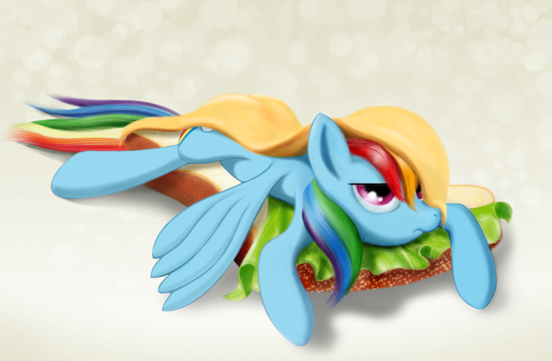 Size: 900x590 | Tagged: artist:suntenri, derpibooru import, food, food pony, original species, ponies in food, rainbow dash, safe, sandwich, solo