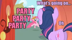 Size: 783x441 | Tagged: safe, derpibooru import, edit, edited screencap, screencap, pinkie pie, twilight sparkle, earth pony, pony, unicorn, party of one, basket, basket hat, butt, caption, cloud, cloudy, door, female, flower, hat, house, mare, party, pink text, plot, purple text